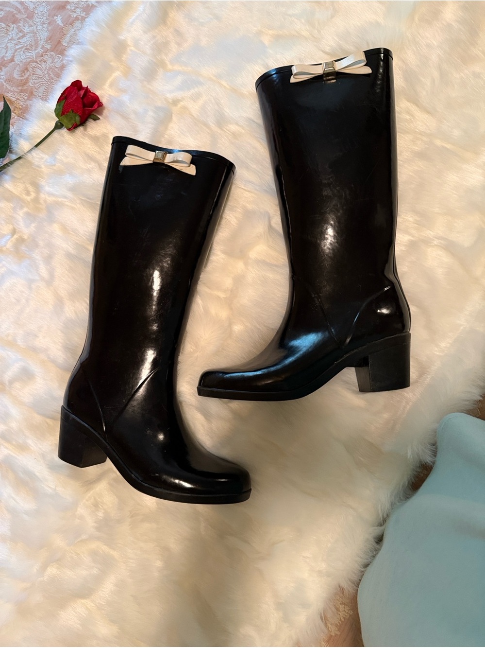 Black Knee-High Rain Boots with Ivory Bow Accent